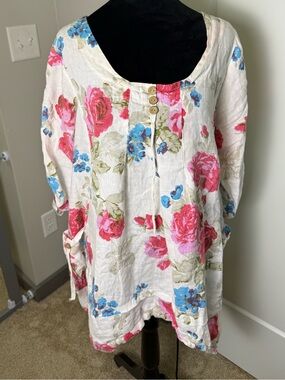 Lin Blanc Made in Ital 100% Linen Floral Blouse Ivory Pink Tunic Cottage 40/S